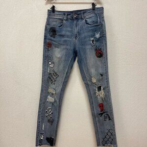 Lure Graphic Jeans Tapered Skinny Ripped Stone Wash Low Rise Denim Size 32W